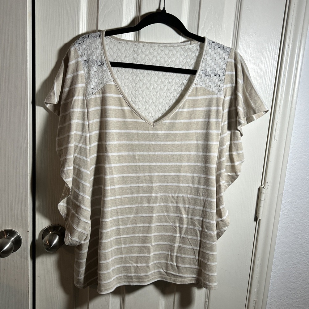 Lane Bryant 18/20 Beige Striped Lace Short Sleeve‎ Tee Shirt